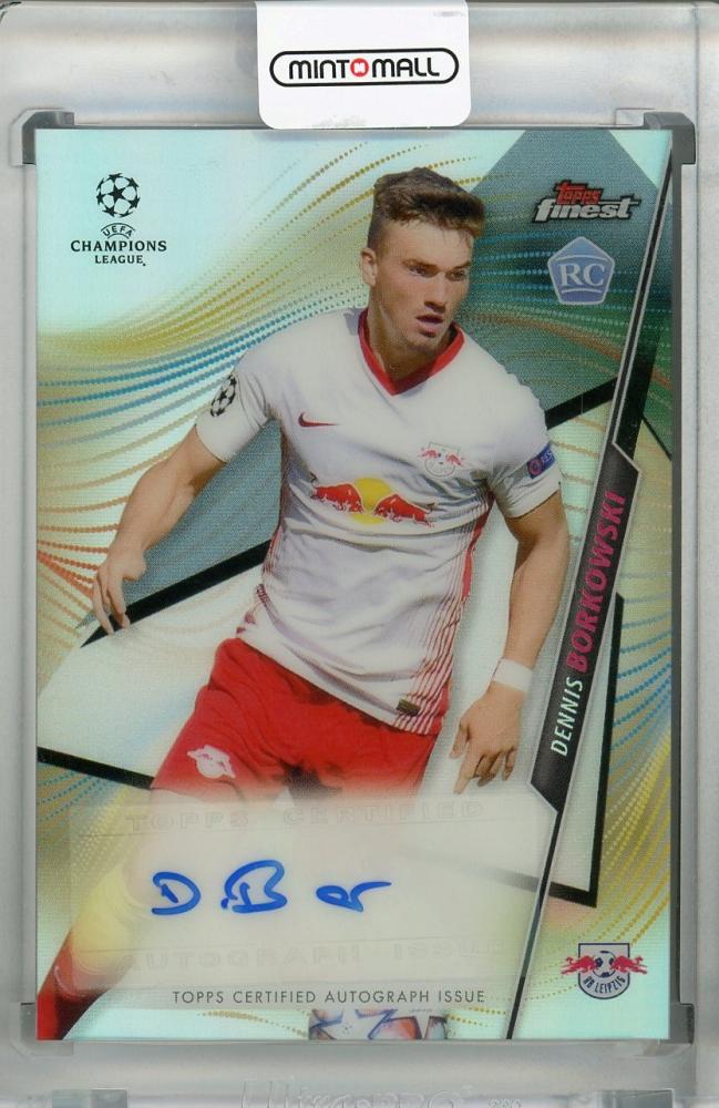 2020-21 Topps Finest UEFA Champions League trading card featuring RB Leipzig's Dennis Borkowski with autograph