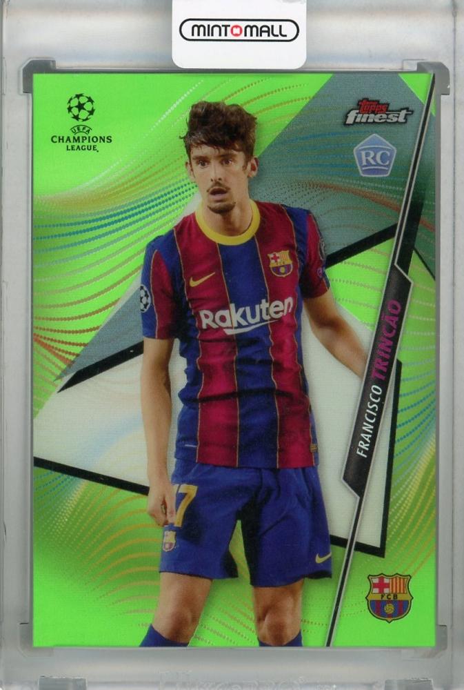 2020-21 Topps Finest UEFA Champions League FC Barcelona Francisco Trincao Neon Green parallel rookie card numbered 34 of 99