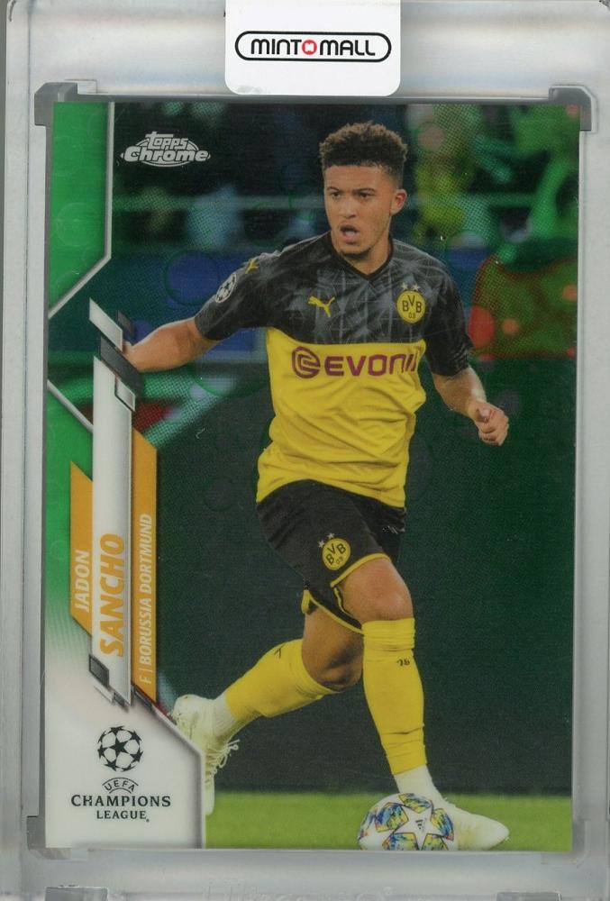 2019-20 Topps Chrome UEFA Champions League Borussia Dortmund Jadon Sancho Base Green Bubbles trading card with minor back stain