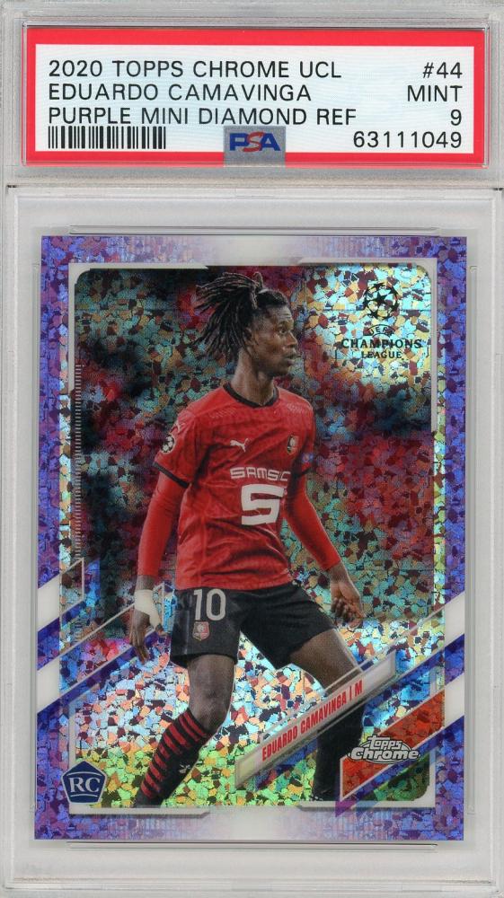 2020-21 Topps Chrome UEFA Champions League Stade Rennais FC Eduardo Camavinga Base Purple Mini-Diamond RC PSA 9 card
