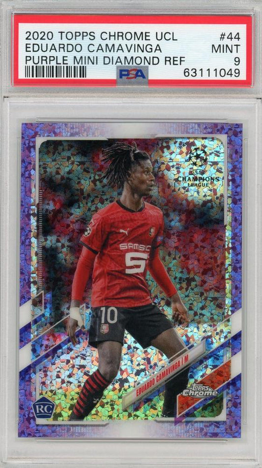 2020-21 Topps Chrome UEFA Champions League Stade Rennais FC Eduardo Camavinga Base Purple Mini-Diamond RC PSA 9 card