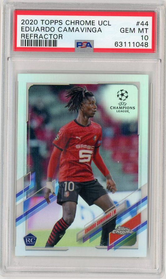 2020-21 Topps Chrome UEFA Champions League Eduardo Camavinga Base Refractor rookie card PSA 10