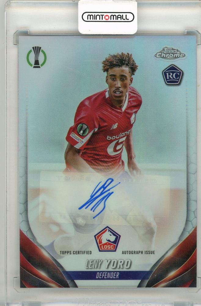 2023-24 Topps Chrome UEFA Leny Yoro Autographs rookie card showing Leny Yoro and his autograph
