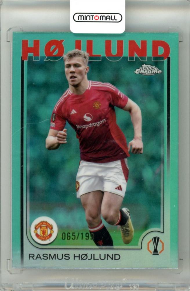 2024-25 Topps Chrome UEFA Club Competitions Rasmus Hojlund card #184 Base Aqua Refractor parallel 065/199 Manchester United