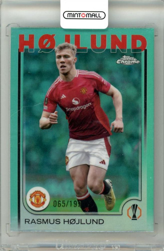 2024-25 Topps Chrome UEFA Club Competitions Rasmus Hojlund card #184 Base Aqua Refractor parallel 065/199 Manchester United