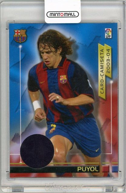 2003 Panini Liga Megafichas soccer trading card with Puyol patch number 010 out of 400 from FC Barcelona