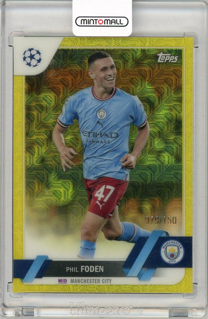 2022-23 Topps Chrome UEFA Club Competitions Phil Foden Yellow Mojo card numbered 079 out of 150