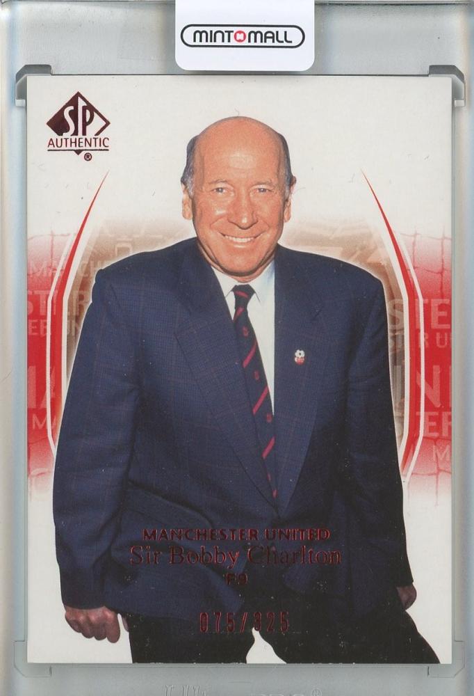 2004 Upper Deck SP Authentic trading card of Bobby Charlton in red Manchester United jersey, numbered 9075/325