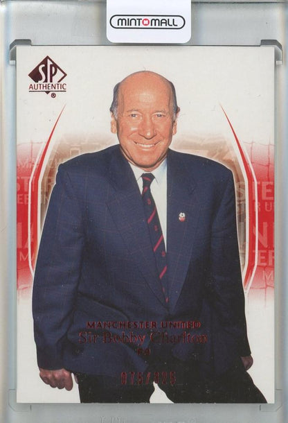 2004 Upper Deck SP Authentic trading card of Bobby Charlton in red Manchester United jersey, numbered 9075/325