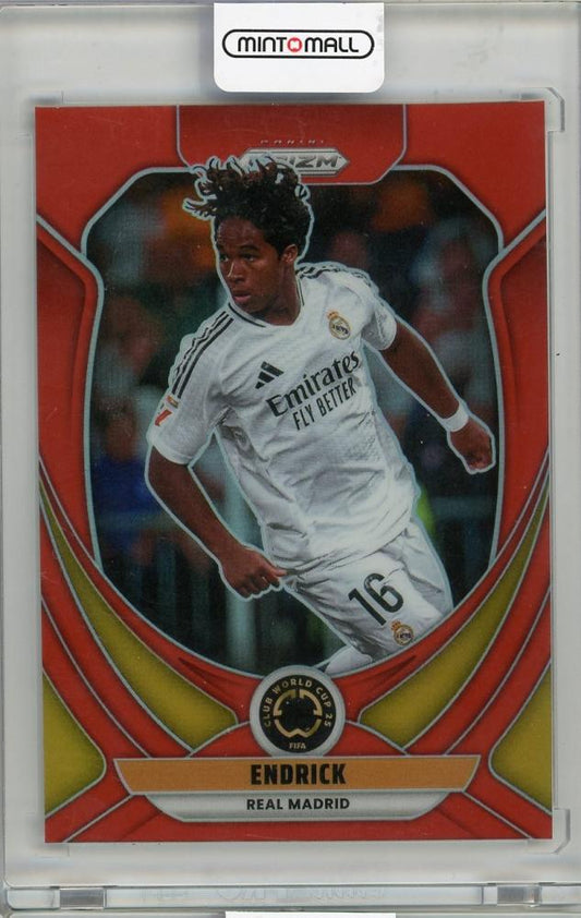 2025 PANINI PRIZM CLUB WORLD CUP Endrick Red Prizm trading card serial number 159103 of 199 featuring Real Madrid