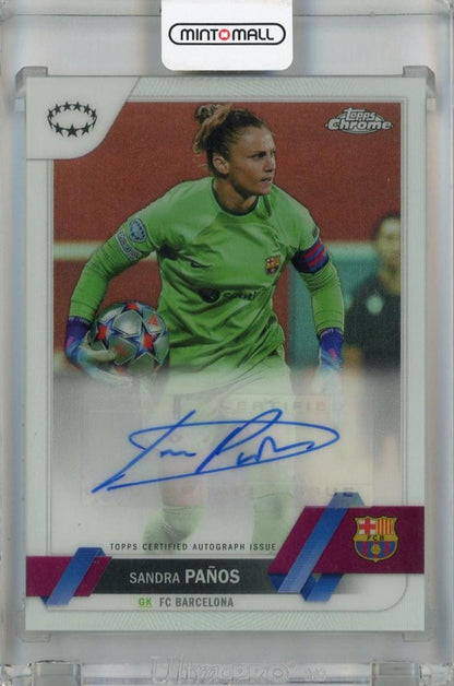 2022-23 Topps Chrome UEFA Women’s Champions League Sandra Panos Chrome Autograph card with minor back stain