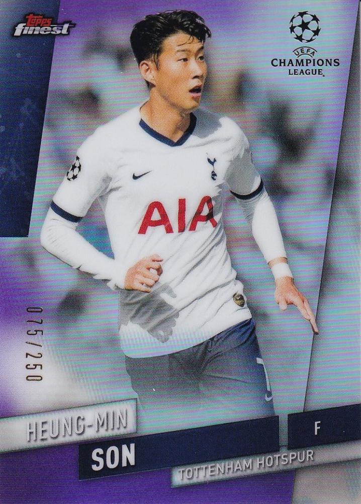 2019-20 Topps Finest UEFA Champions League Heung-Min Son Tottenham Hotspur soccer trading card purple parallel 075/250 with minor stain
