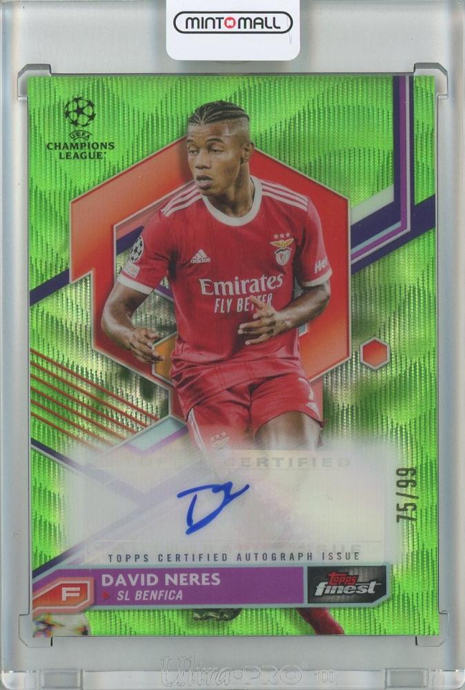 2022-23 Topps Finest UEFA Club Competitions David Neres Autograph Neon Green Wave Refractors card 75 of 99 with minor stain on back
