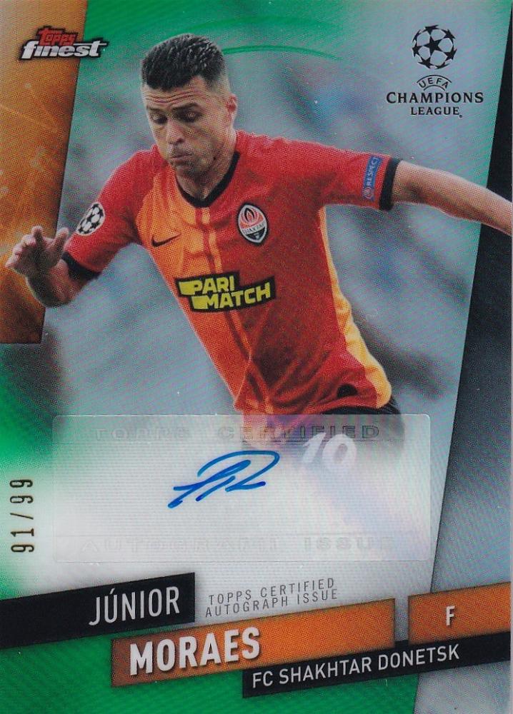 2019-20 Topps Finest UEFA Champions League soccer card featuring Junior Moraes autograph Green parallel numbered 91 of 99