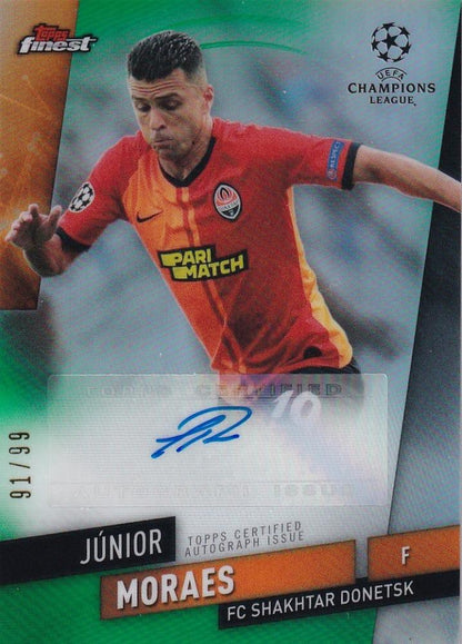 2019-20 Topps Finest UEFA Champions League soccer card featuring Junior Moraes autograph Green parallel numbered 91 of 99