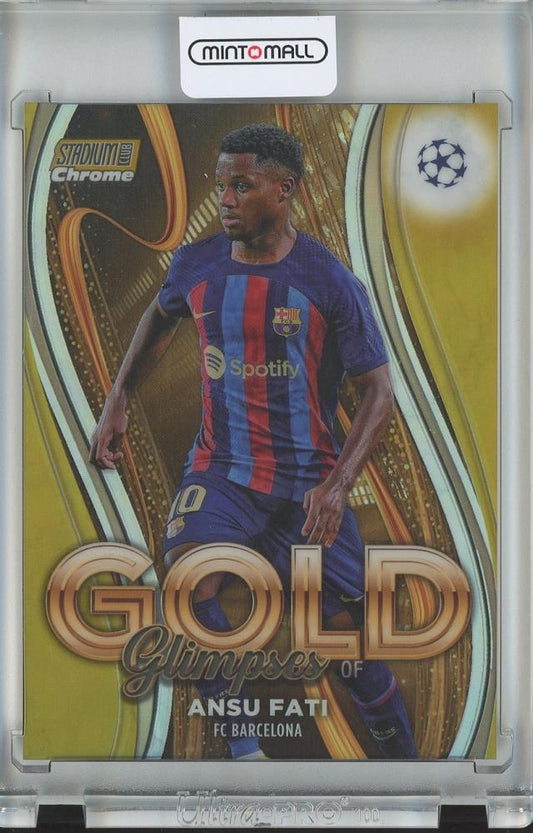 2022-23 Topps Stadium Club Chrome UEFA Club Soccer Ansu Fati Glimpses of Gold Gold Parallels trading card 33/50