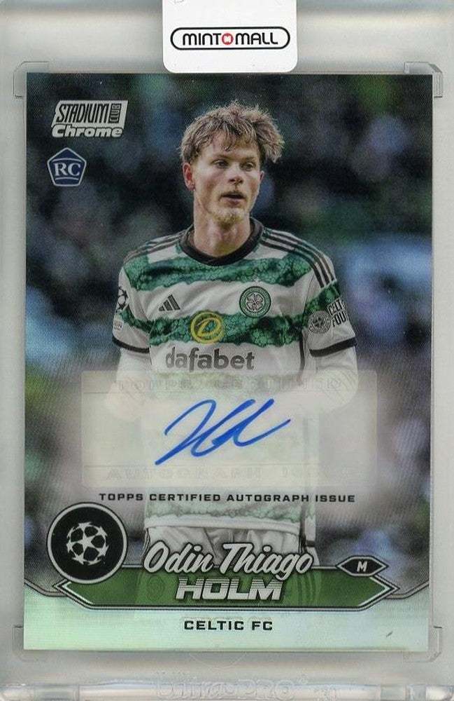2023-24 Topps Stadium Club Chrome UEFA Champions League Odin Thiago Holm Autographs card with visible initial damage