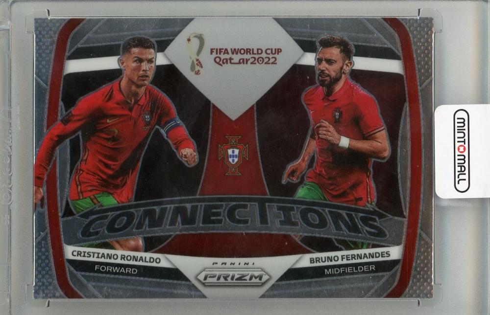 2022 PANINI PRZM FIFA WORLD CUP trading card featuring Cristiano Ronaldo and Bruno Fernandes #7 Portugal