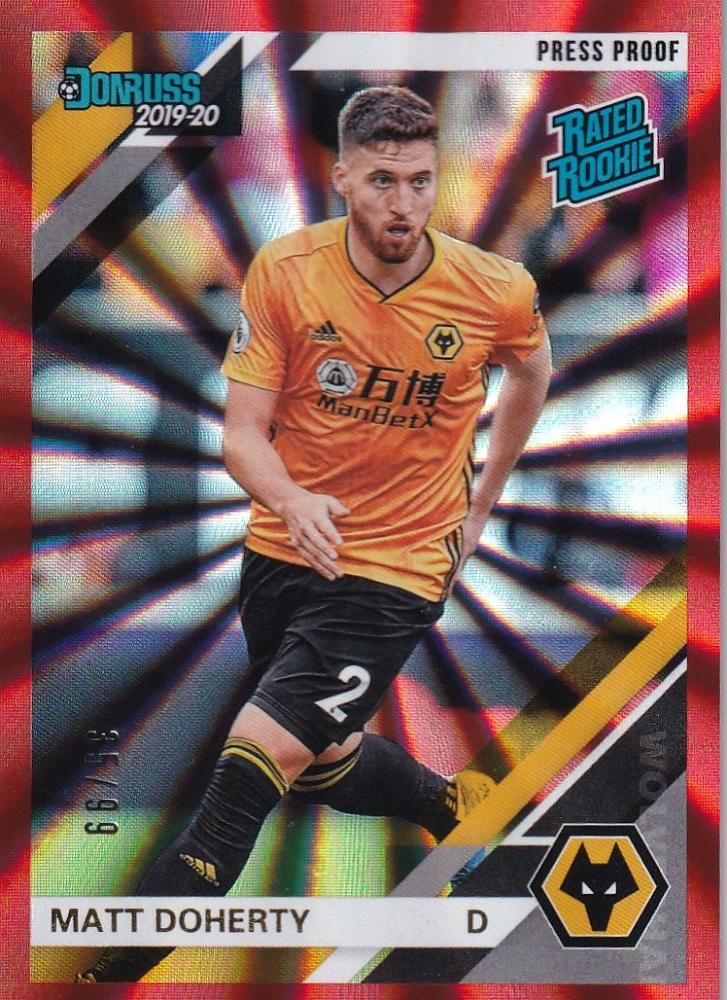 2019-20 Panini Chronicles Wolverhampton Wanderers Matt Doherty base Donruss Premier League Red Parallel card numbered 35 of 99