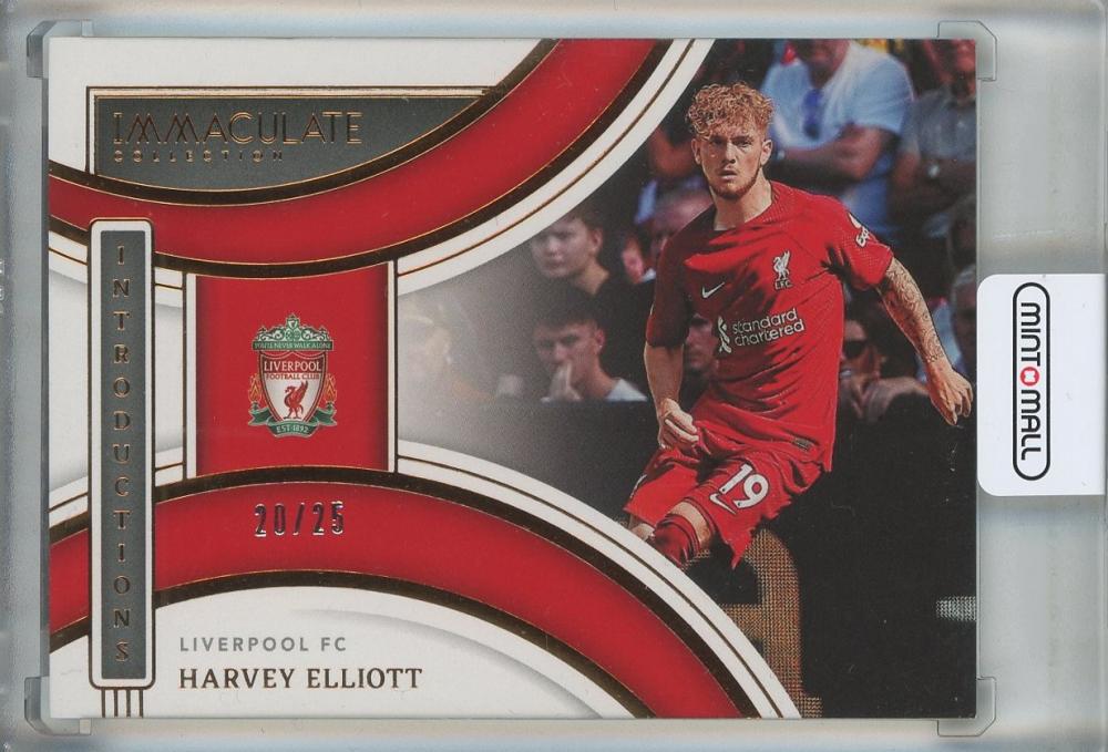 2022-23 Panini Immaculate Harvey Elliott Introductions trading card numbered 20 out of 25 featuring Liverpool FC