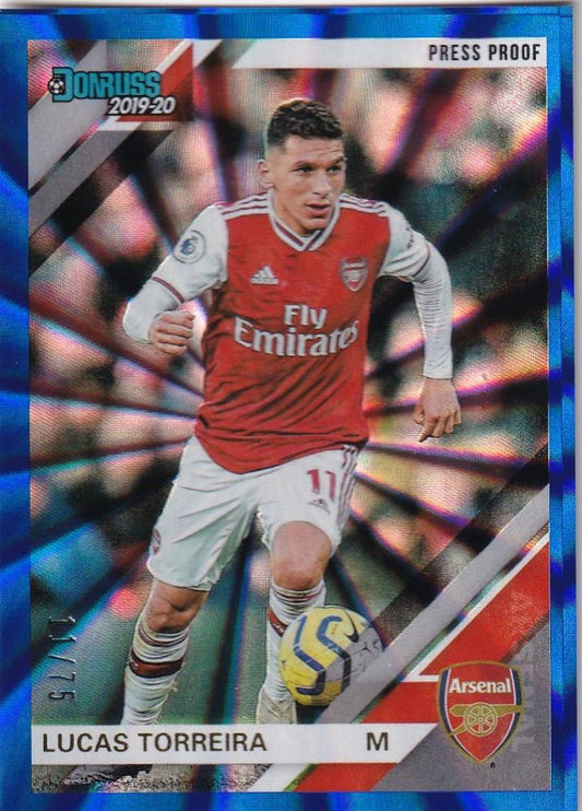 2019-20 Panini Chronicles Arsenal Lucas Torreira Base Donruss Blue Parallel card numbered 11 of 75