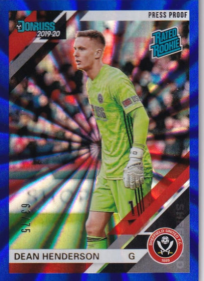 2019-20 Panini Chronicles Sheffield United Dean Henderson Blue Parallel trading card numbered 63 of 75
