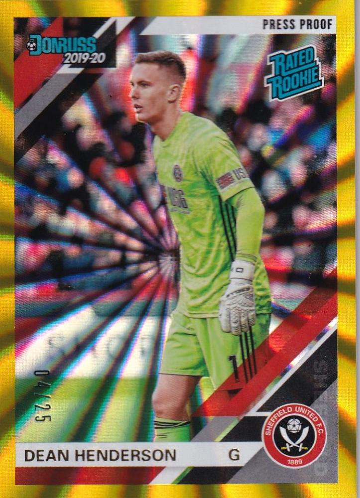 2019-20 Panini Chronicles Sheffield United Dean Henderson Base Donruss Premier League Gold Parallel trading card numbered 04/25