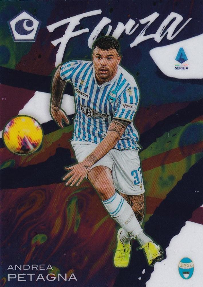 2019-20 Panini Chronicles trading card of Andrea Petagna in SPAL uniform Forza edition