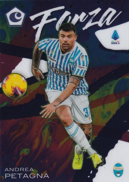 2019-20 Panini Chronicles trading card of Andrea Petagna in SPAL uniform Forza edition