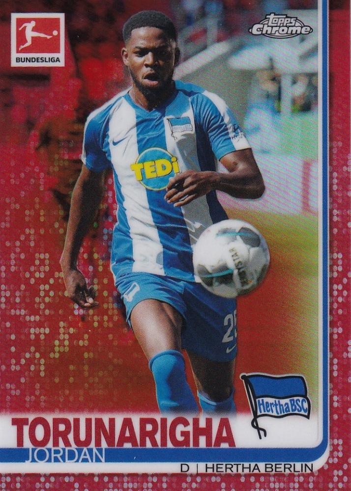 2019-20 Topps Chrome Bundesliga Hertha Berlin Jordan Torunarigha Base Red parallel card numbered 01/10