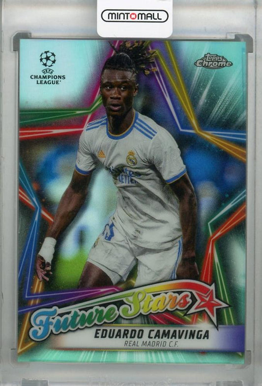 2021-22 Topps Chrome UEFA Champions League trading card featuring Eduardo Camavinga Real Madrid Aqua Parallel 068/199