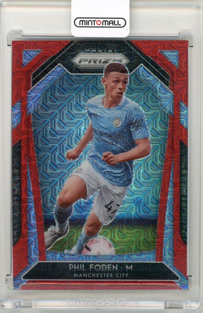 2020-21 Panini Prizm Premier League Soccer card of Phil Foden with Mojo Red Prizms 1/135 from Manchester City