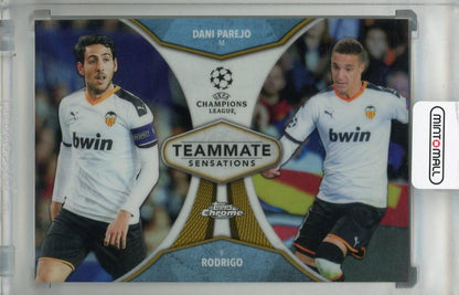2019-20 Topps Chrome UEFA Champions League trading card featuring Valencia CF players Rodrigo and Dani Parejo gold parallel edition 23 of 50