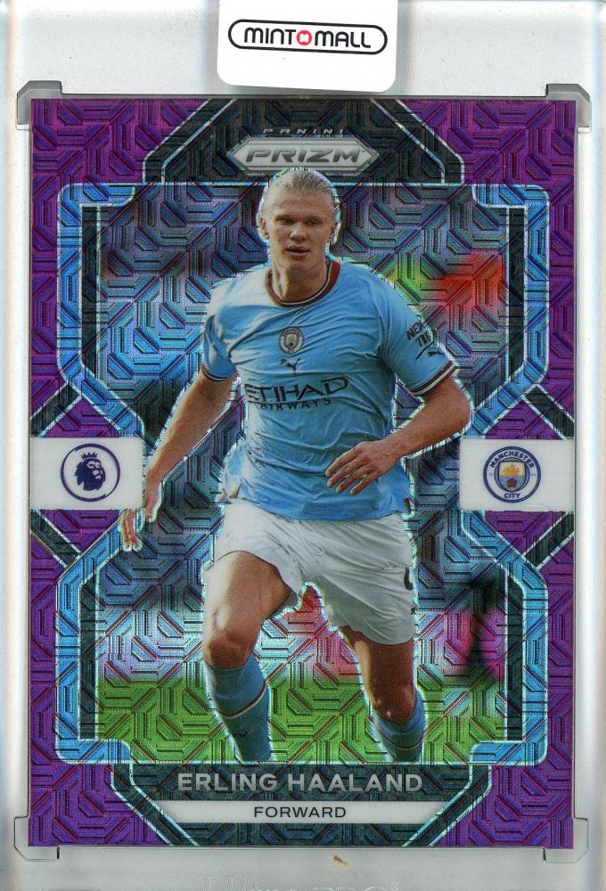2022-23 Panini Prizm Premier League Erling Haaland Purple Mojo Prizms trading card #910 Manchester City