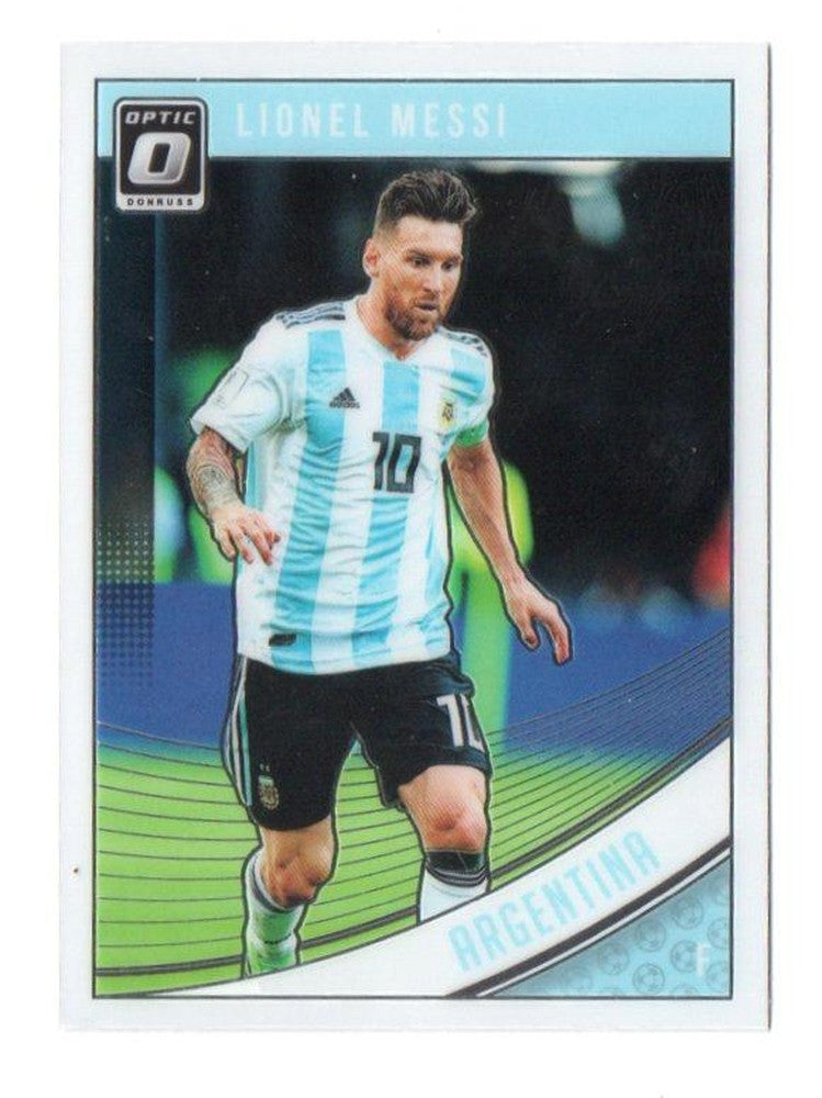2018-19 PANINI Donruss Lionel Messi Optic trading card front view with player image and stats
