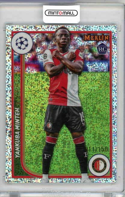 2023-24 Topps MERLIN Yankuba Minteh 011 of 150 Feyenoord trading card with player image and stats