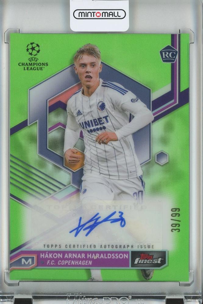 2022-23 Topps Finest UEFA Club Competitions soccer card of Hokon Arnar Haraldsson Neon Green autograph serial 39 out of 99
