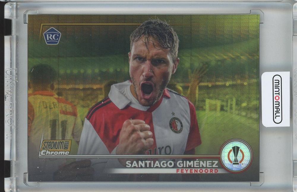 2022-23 TOPPS Stadium Club Chrome UEFA Soccer card of Santiago Gimenez RC Gold Prism Refractors serial 41 out of 50