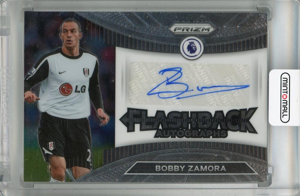 2022-23 Panini Prizm Premier League Bobby Zamora Flashback Autographs card number 11 with minor stain on back