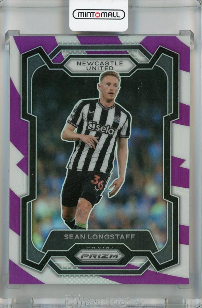 2023-24 Panini Prizm Premier League Sean Longstaff Purple and White Stripes Prizms trading card from Newcastle United