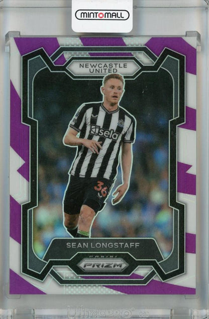 2023-24 Panini Prizm Premier League Sean Longstaff Purple and White Stripes Prizms trading card from Newcastle United