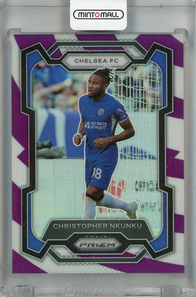 2023-24 Panini Prizm Premier League Christopher Nkunku Purple and White Stripes Prizms card #189 with dent and scratches