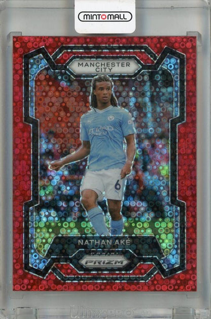 2023-24 Panini Prizm Premier League Nathan Ake Breakaway Prizms Red #10 card from Manchester City with minor stain on back