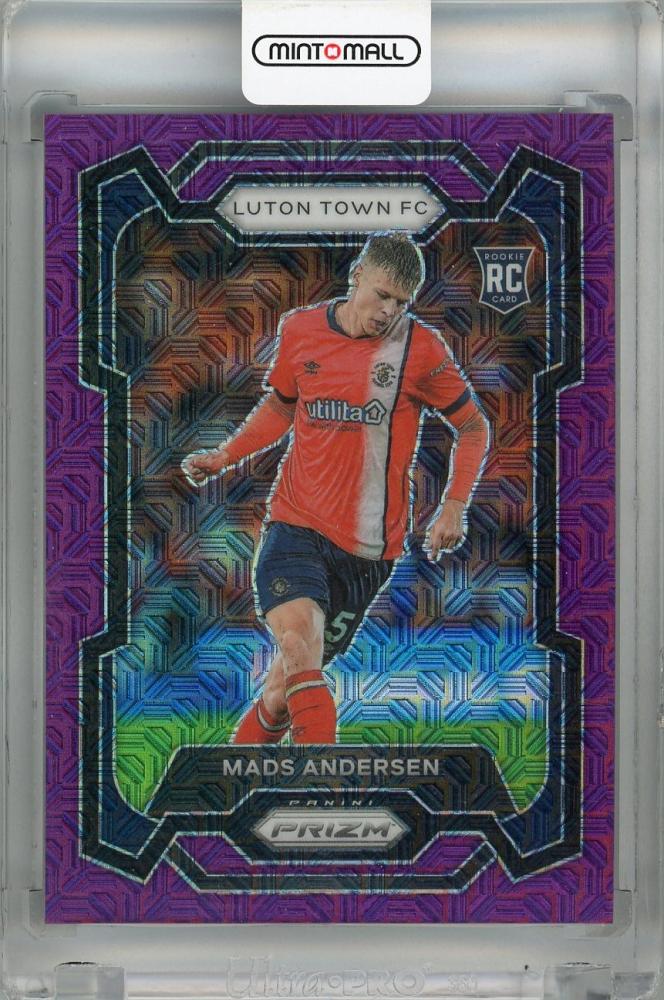 2023-24 Panini Prizm Premier League Purple Mojo Prizms trading card featuring Mads Andersen Luton Town FC