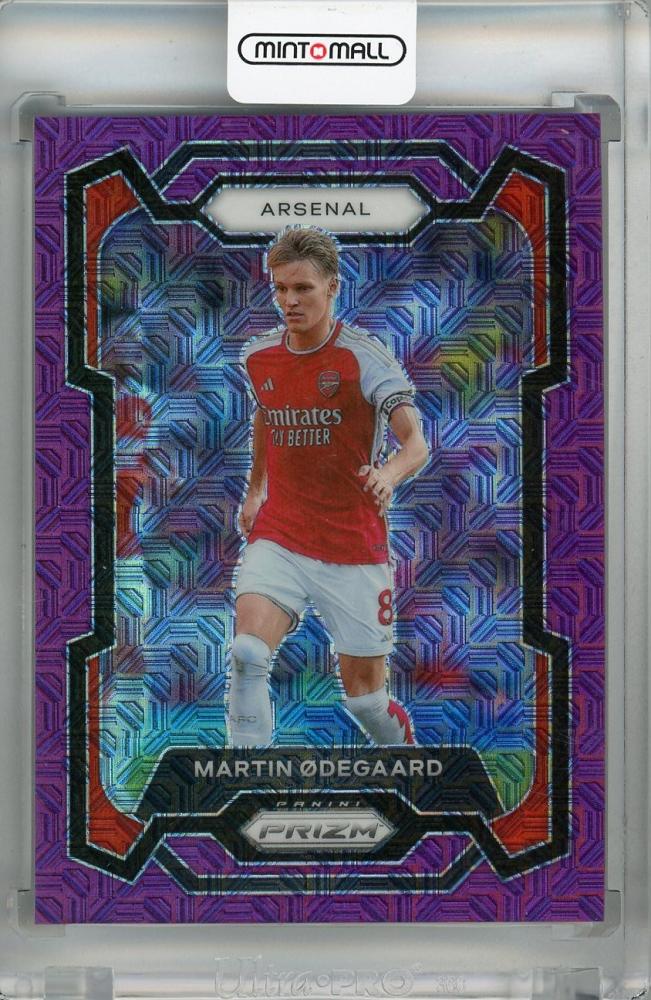 2023-24 Panini Prizm Premier League Martin Odegaard Purple Mojo Prizms #19 Arsenal card numbered 17 of 25 with minor stain on back