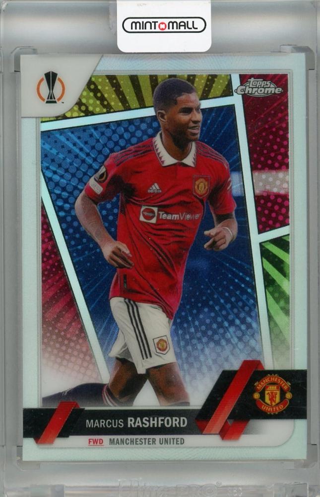 2022-23 Topps Chrome UEFA Club Competitions Marcus Rashford Base Hero Variation #7 trading card with minor stain on back