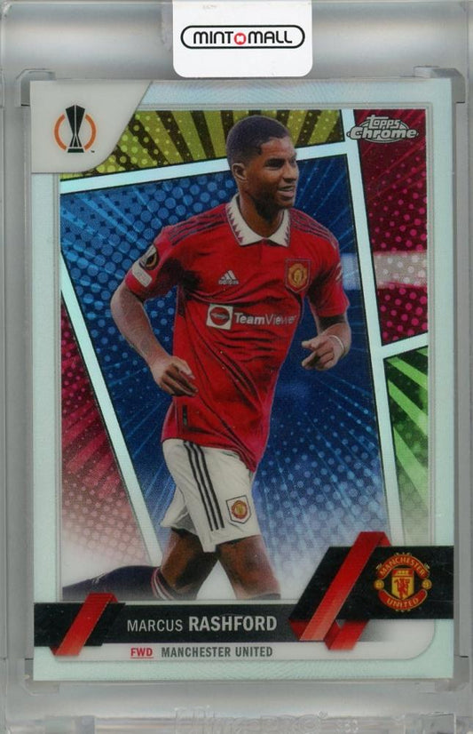 2022-23 Topps Chrome UEFA Club Competitions Marcus Rashford Base Hero Variation #7 trading card with minor stain on back