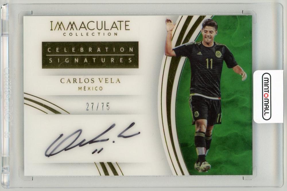 2017 Panini Immaculate Collection Carlos Vela Celebration Signatures card numbered 27 of 75 representing Mexico