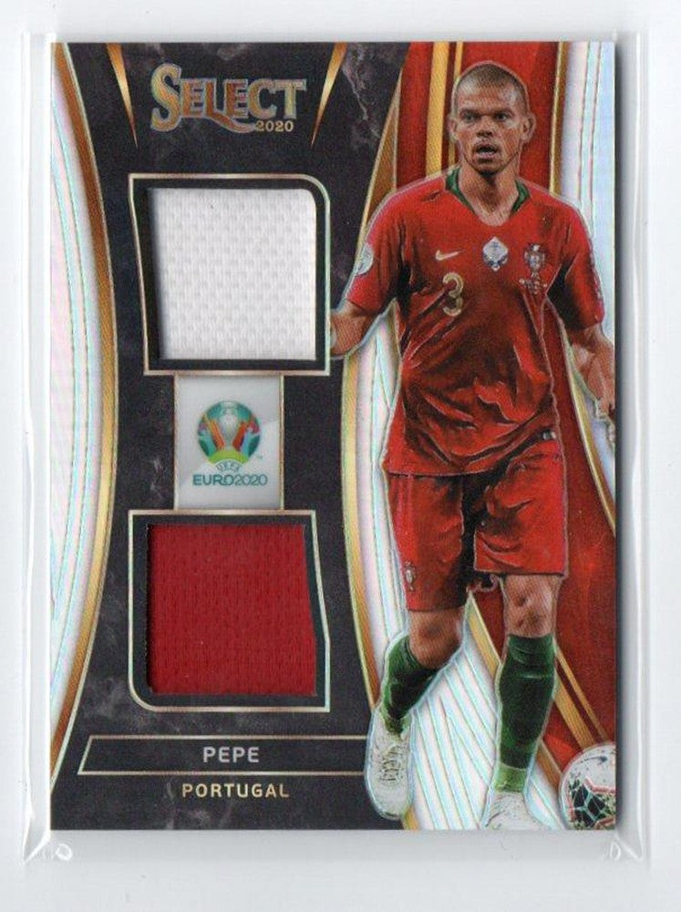 2020 Panini Select UEFA Euro Soccer Pepe Dual Jerseys featuring dual team patches in official packaging