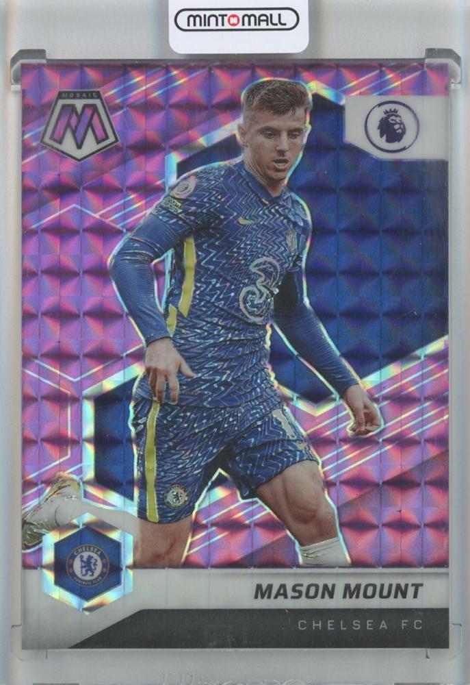 2021 Panini Mosaic Premier League Mason Mount Purple Prizm trading card numbered 522/49 Chelsea FC